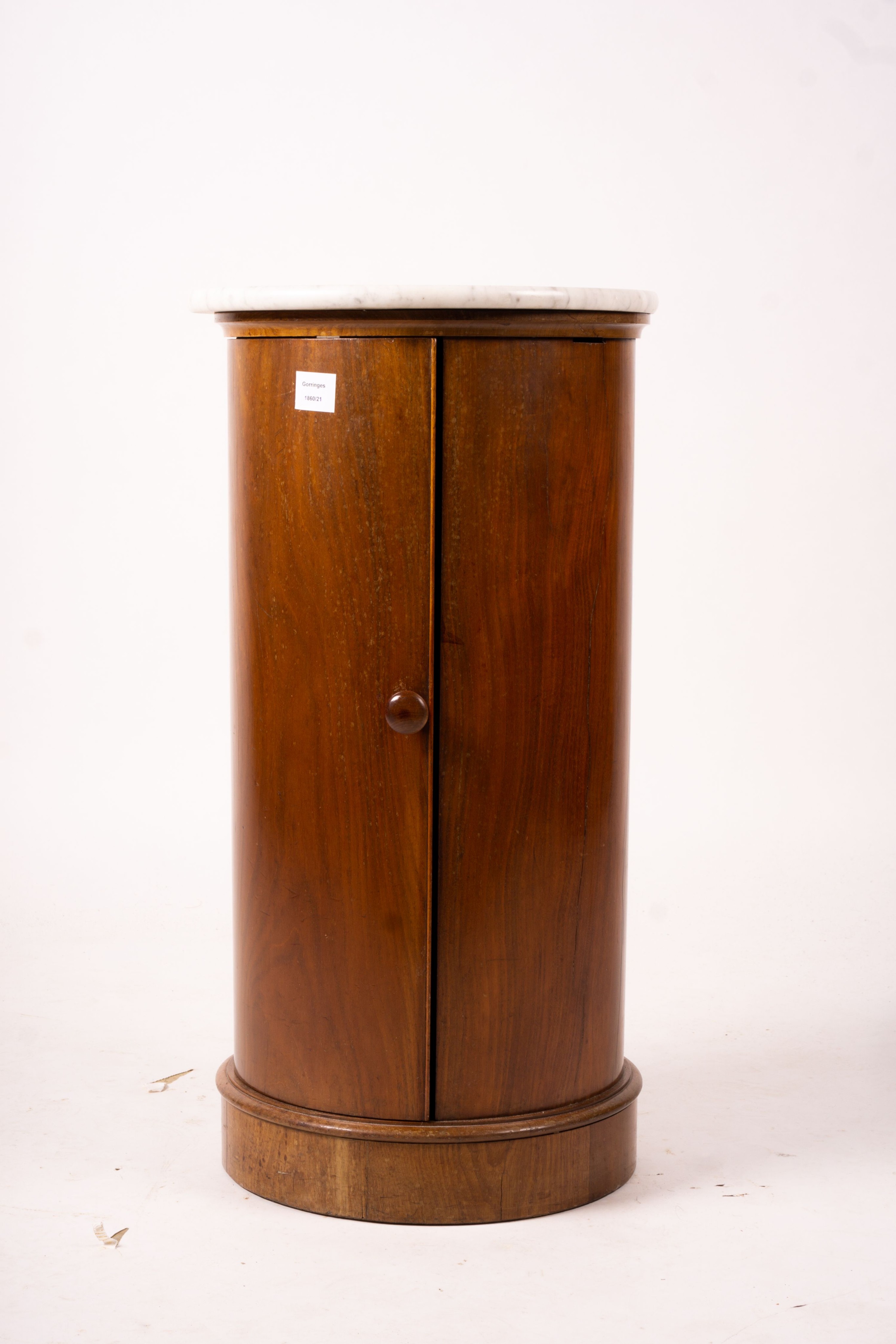 A Victorian marble top mahogany cylindrical pot cupboard, diameter 41cm, height 79cm